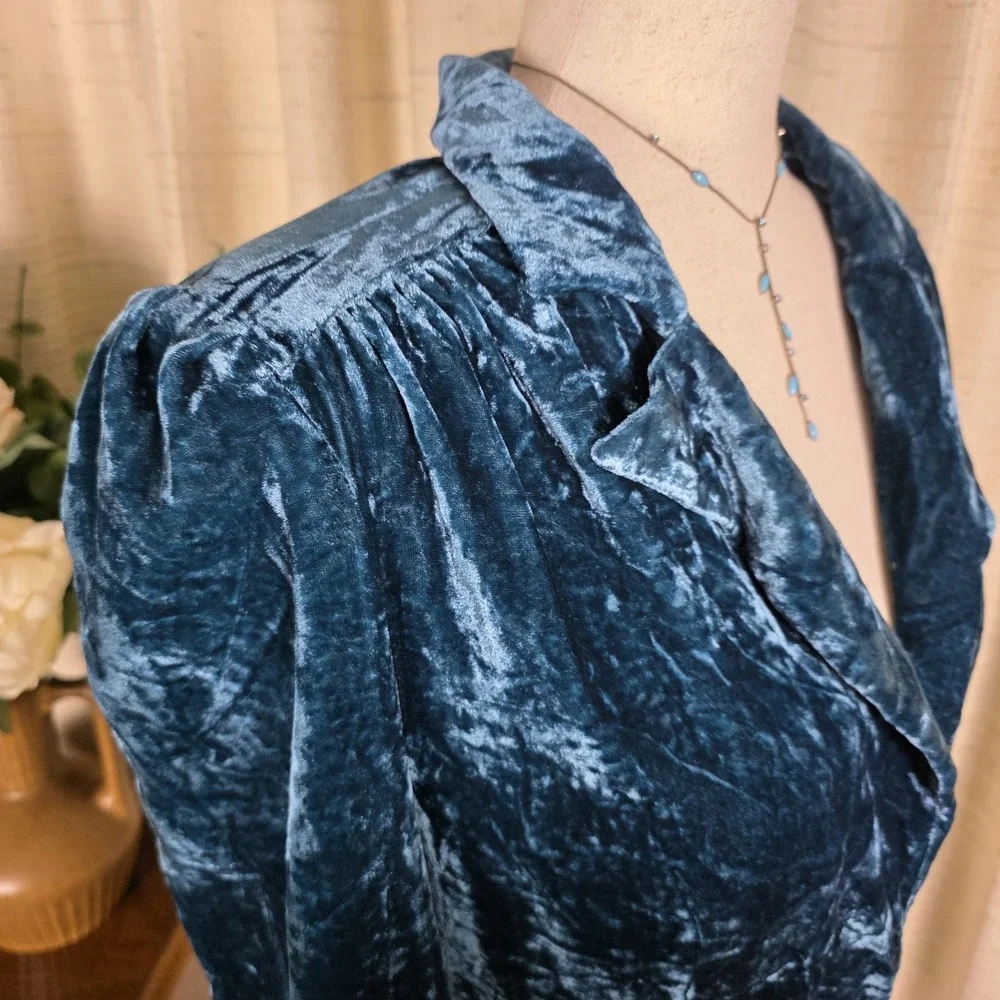 Vintage Crushed Velvet Jacket Blazer SZ S Regency Whimsigoth  Teal Blue Cinched